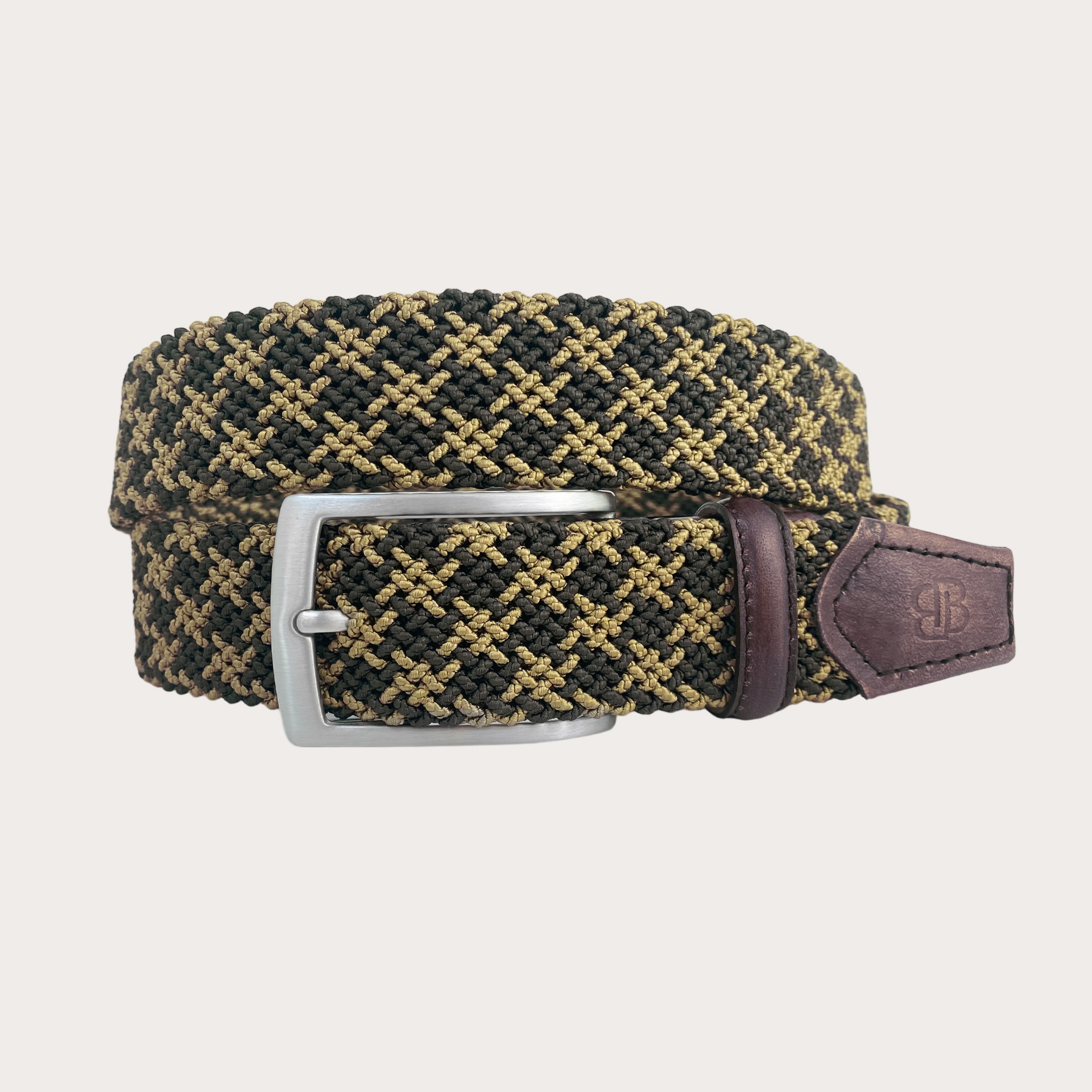 BRUCLE Exclusivo cinturón elástico trenzado bicolor marrón y dorado, con cuero coloreado a mano y hebilla libre de níquel