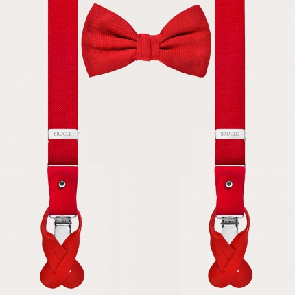 Matched set of narrow red silk suspenders for buttons and a pre-tied red silk bow tie