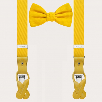 Matched set of thin yellow silk suspenders for buttons and pre-tied yellow silk bow tie