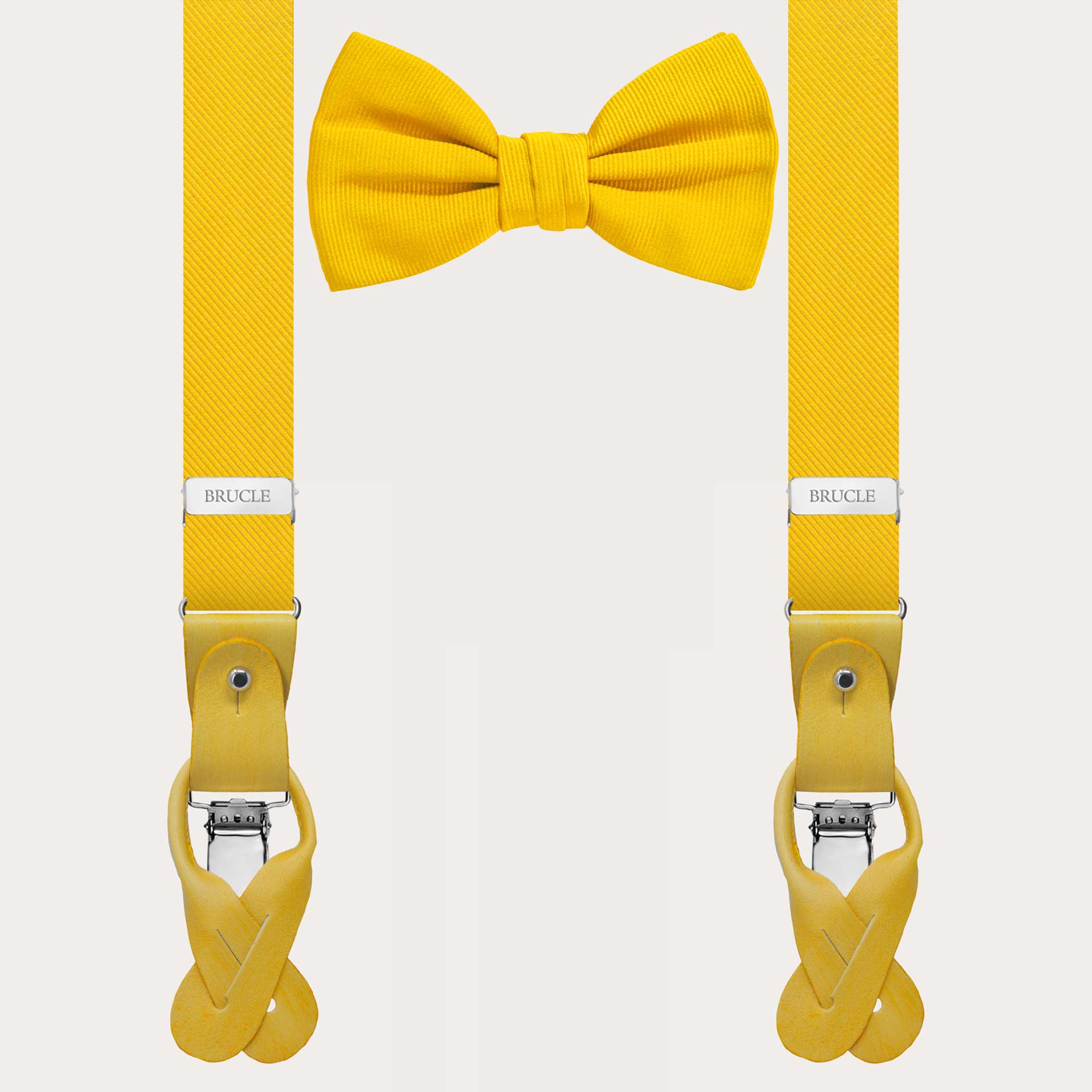 BRUCLE Matched set of thin yellow silk suspenders for buttons and pre-tied yellow silk bow tie