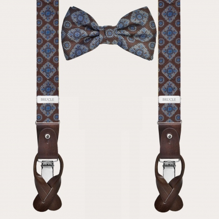 Exclusive thin silk suspender set in a brown pattern for buttons and a coordinated pre-tied bow tie
