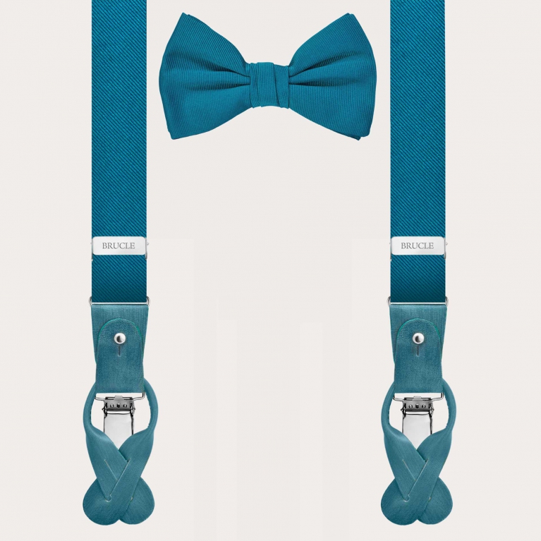 Set composed of narrow silk suspenders in petroleum color and a pre-tied petroleum silk bow tie