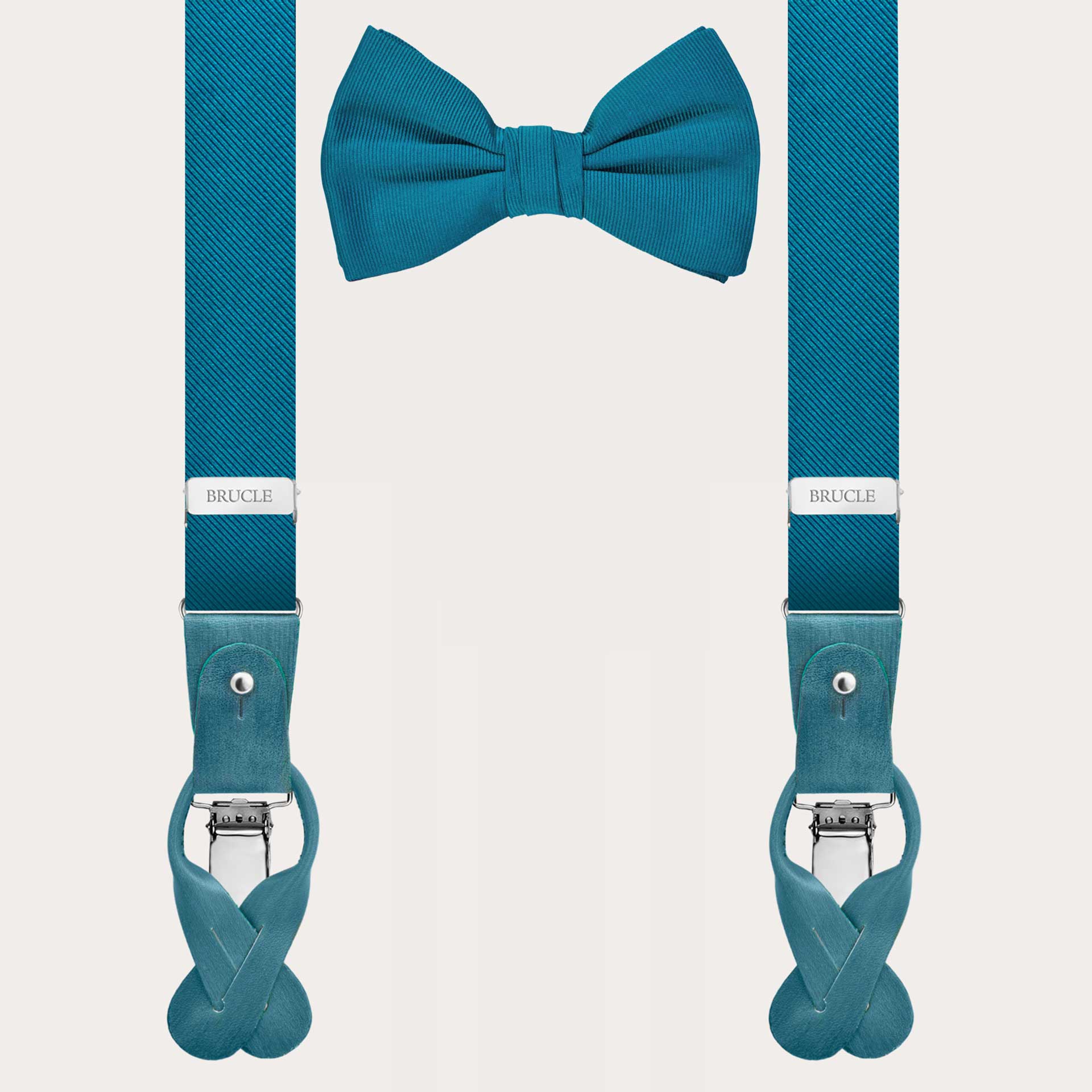 BRUCLE Set composed of narrow silk suspenders in petroleum color and a pre-tied petroleum silk bow tie