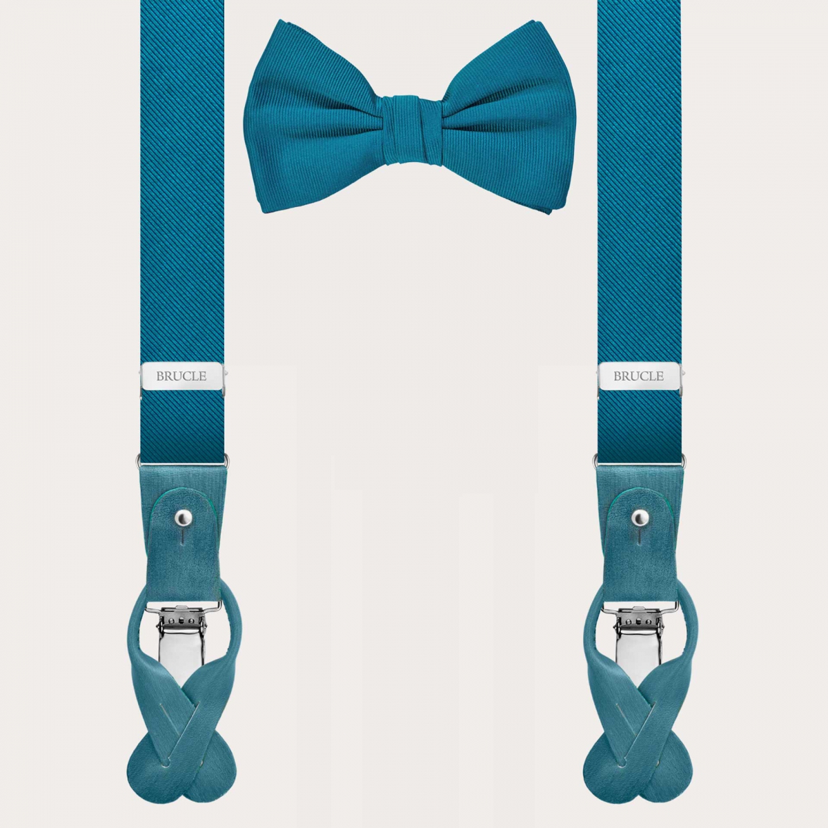 BRUCLE Set composed of narrow silk suspenders in petroleum color and a pre-tied petroleum silk bow tie