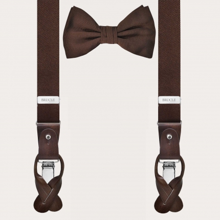 Coordinated set of narrow brown silk suspenders for buttons and the coordinated pre-tied bow tie