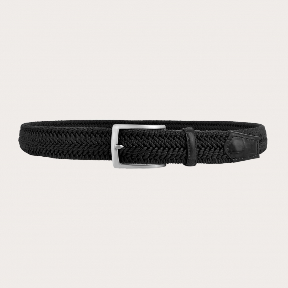 BRUCLE Cintura elastica intrecciata nera con pelle stampa coccodrillo