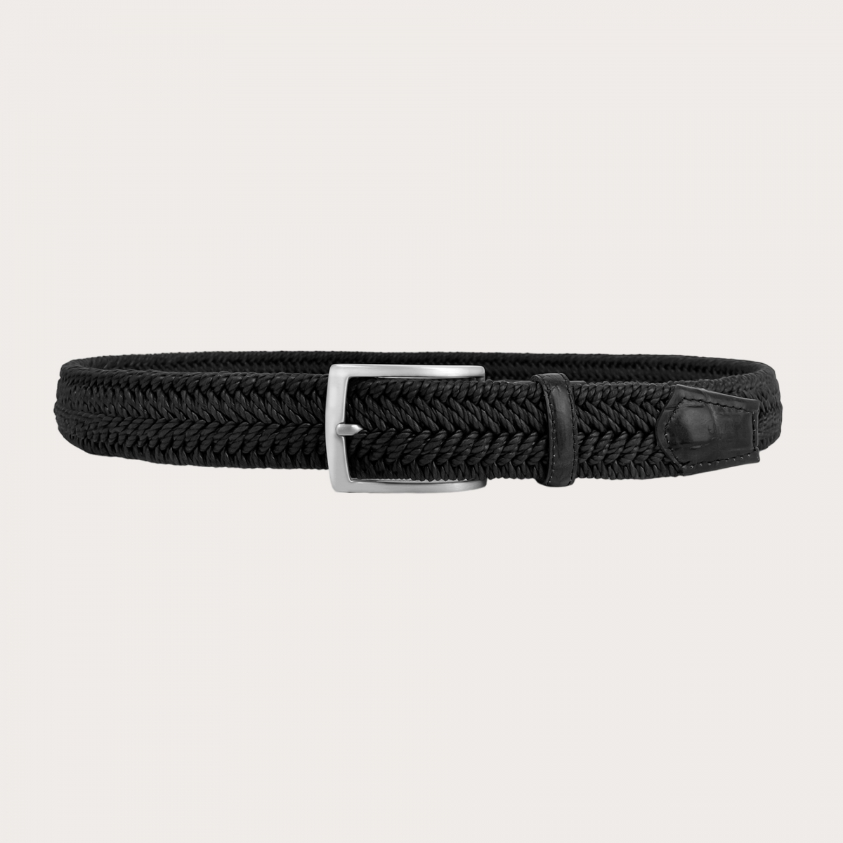 Black elastic braided belt adorned with genuine crocodile-stamped bovine leather parts