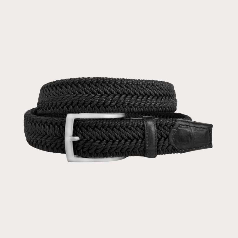 Cintura elastica intrecciata nera con pelle stampa coccodrillo