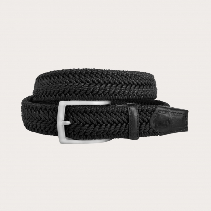 Cinturón trenzado elástico negro adornado con partes de piel de bovino estampada de cocodrilo