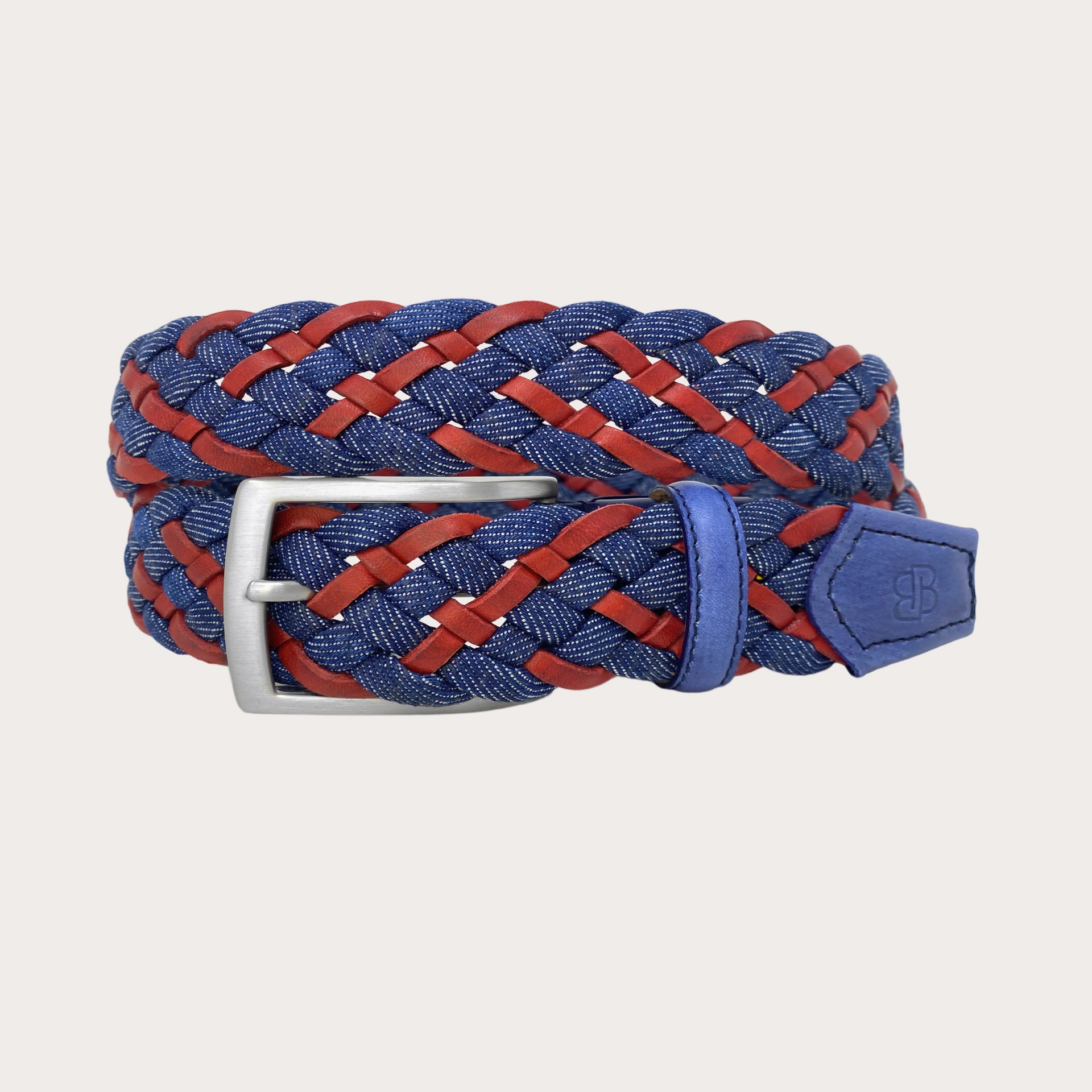 BRUCLE Braided jeans belt blue and red leather