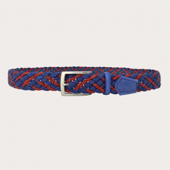 BRUCLE Cintura jeans intrecciata blu e rossa con pelle colorata a mano