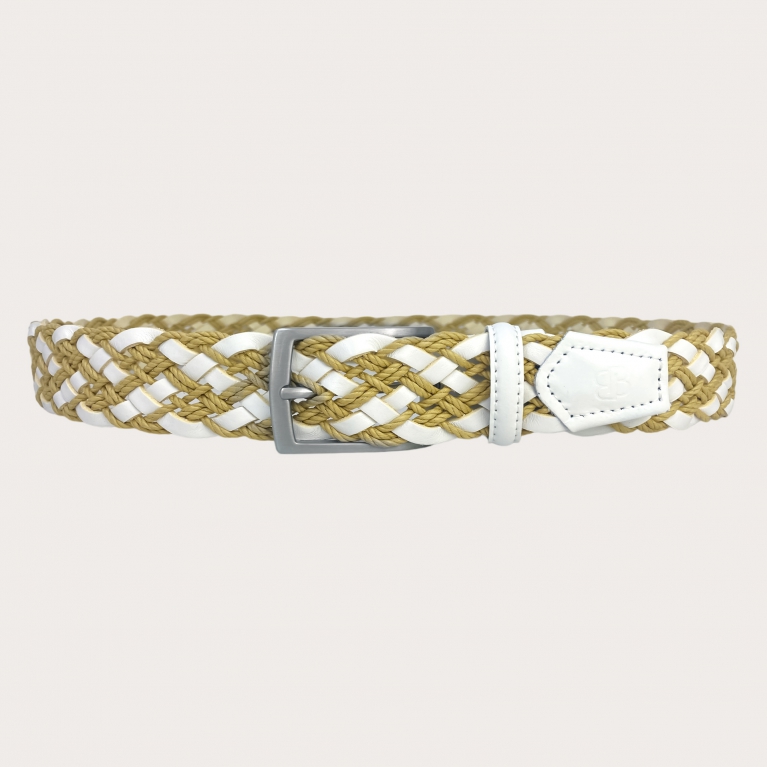 Cinturón trenzado de cuero y algodón blanco beige