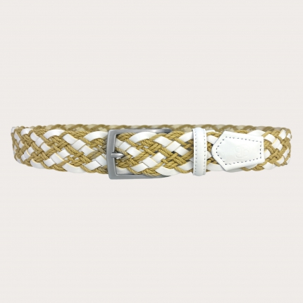 Braided leather and rope belt white and tan