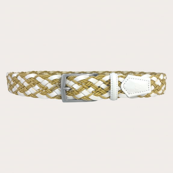 BRUCLE Braided leather and rope belt white and tan