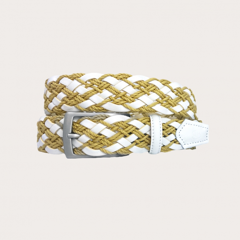 Braided leather and rope belt white and tan