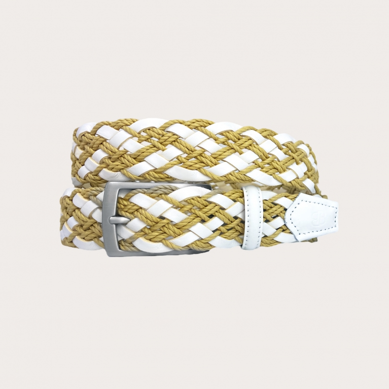 Ceinture tressée en cuir et coton blanche et beige, sans nickel