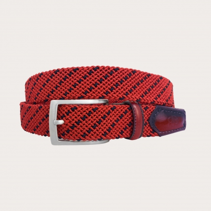 Cinturón trenzado elástico rojo y azul con rayas oblicuas, sin níquel