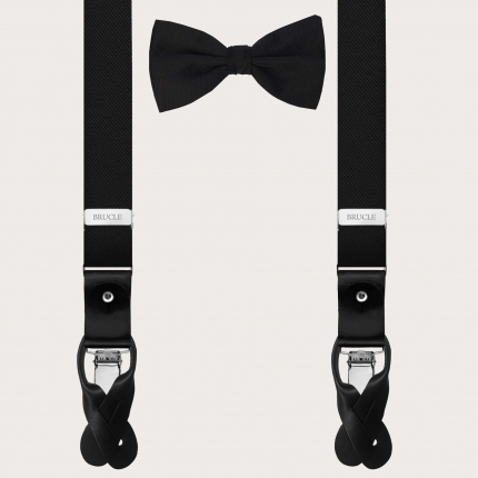 Elegant silk suspenders and bow tie set, black