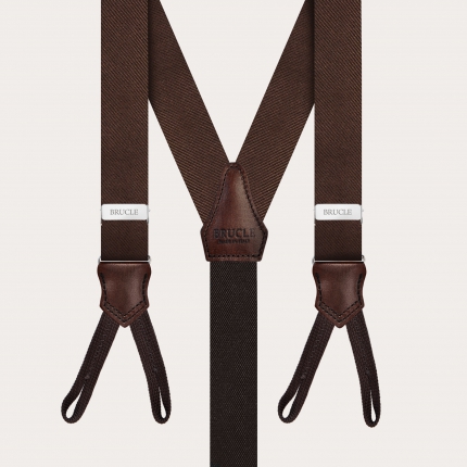 Brown suspenders with buttonholes, in jacquard silk