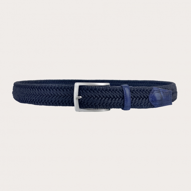 Navy blue braided elastic belt with genuine bovine leather parts in navy blue crocodile print