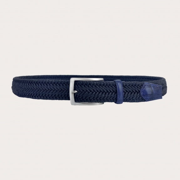 BRUCLE Navy blue braided elastic belt with genuine bovine leather parts in navy blue crocodile print