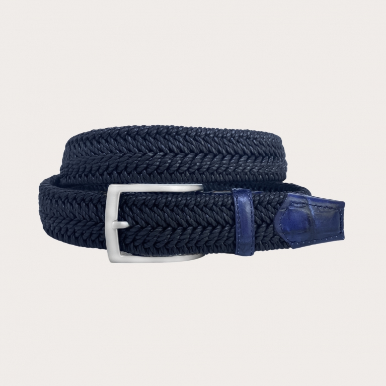 Navy blue braided elastic belt with genuine bovine leather parts in navy blue crocodile print