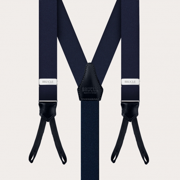 Classic narrow navy blue suspenders with button loops in jacquard silk