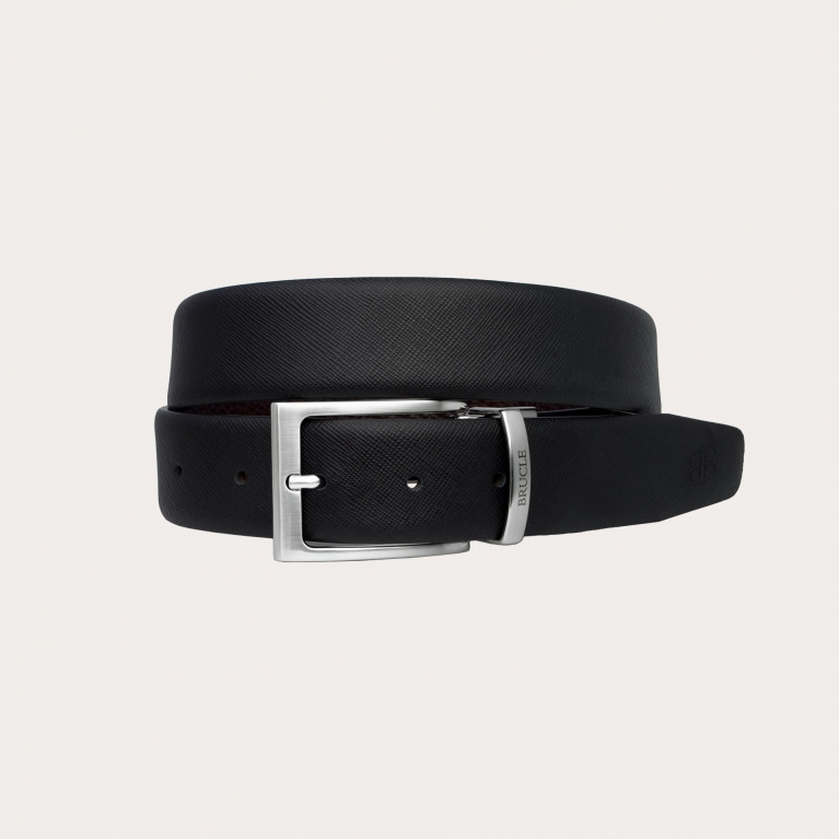 Reversible saffiano leather belt in black and dark brown nickel free