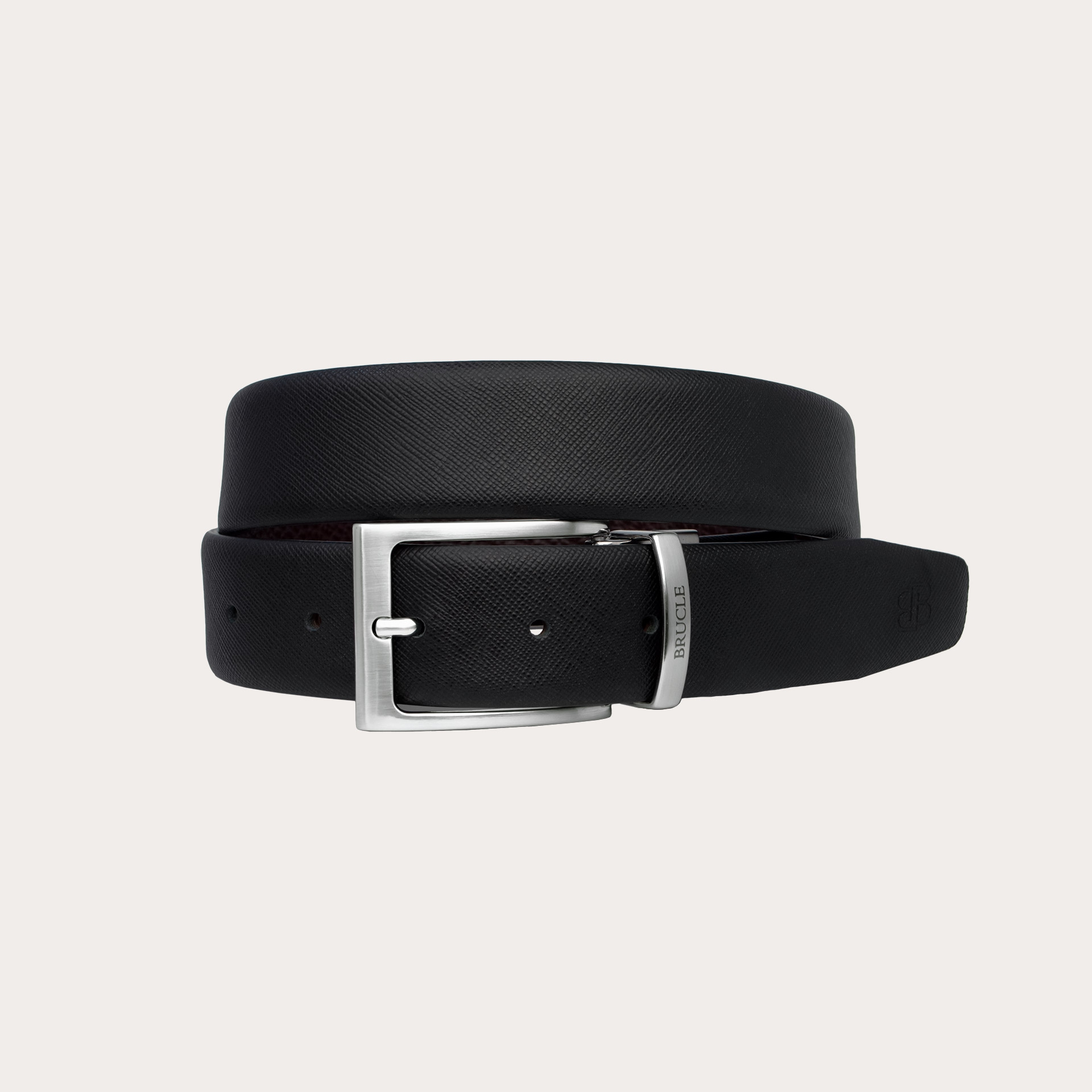 Ceinture réversible en cuir Saffiano noir et marron foncé sans nickel