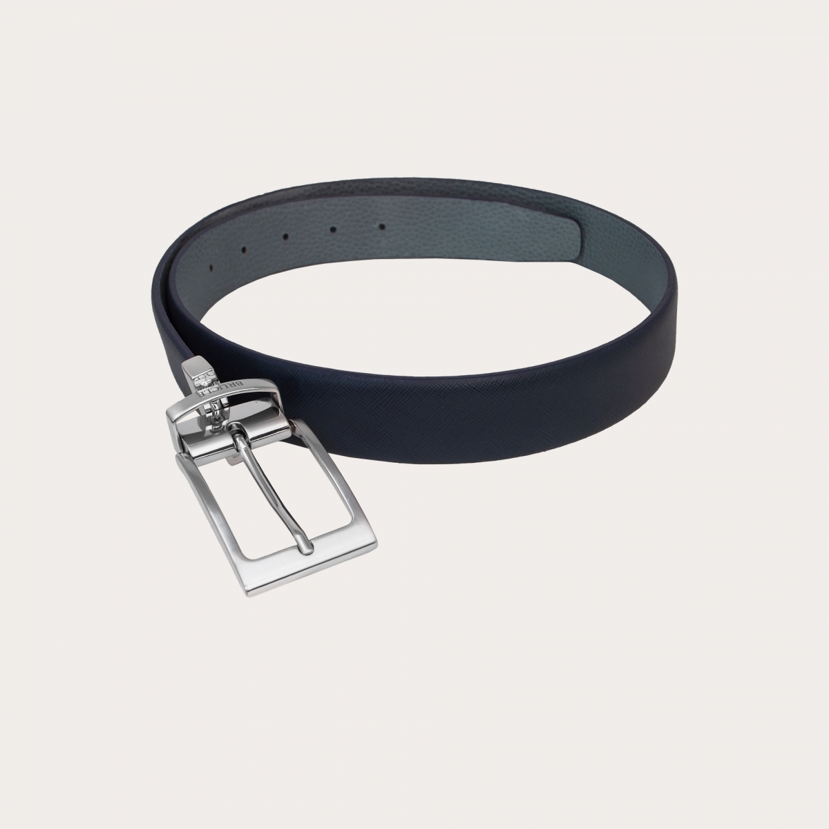 Cinturón reversible de cuero Saffiano azul marino y gris libre de níquel