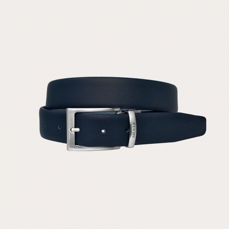 Ceinture réversible en cuir Saffiano bleu marine et gris sans nickel