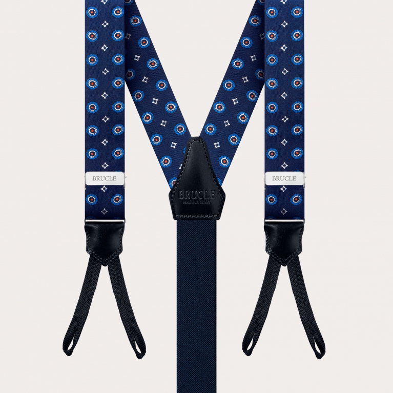 Original blue floral suspenders with button loops in jacquard silk