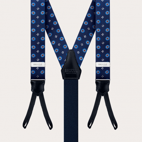 Original blue floral suspenders with button loops in jacquard silk