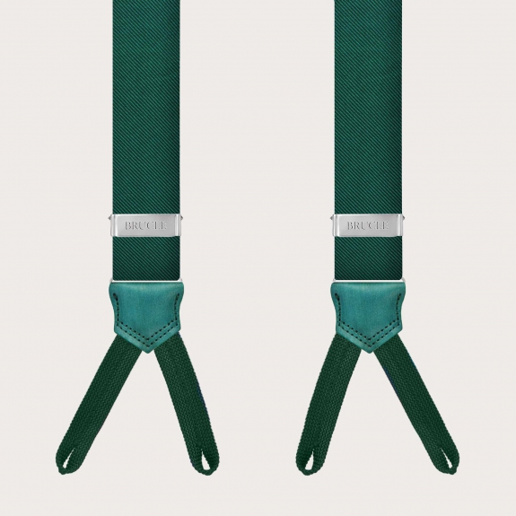 Bretelle verdi in seta con asole per bottoni e pelle colorata a mano