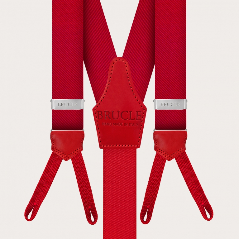 Vibrant red silk suspenders with button loops