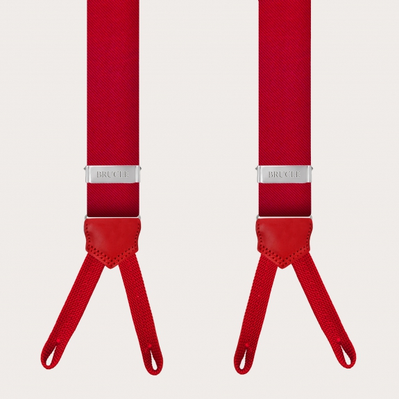 Vibrant red silk suspenders with button loops