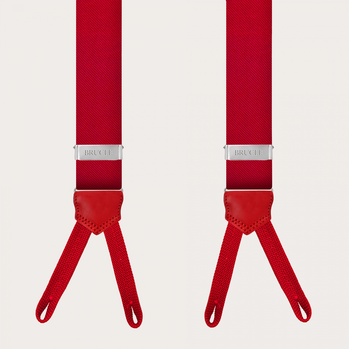 Vibrant red silk suspenders with button loops
