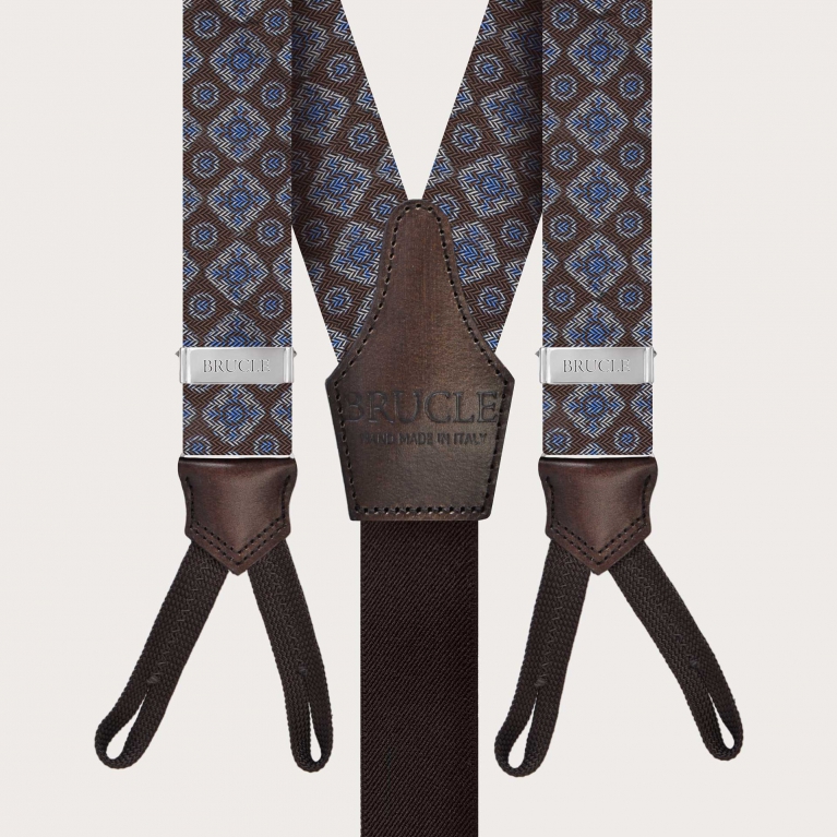 Bretelles larges en soie à tresses pour boutons, motif géométrique marron
