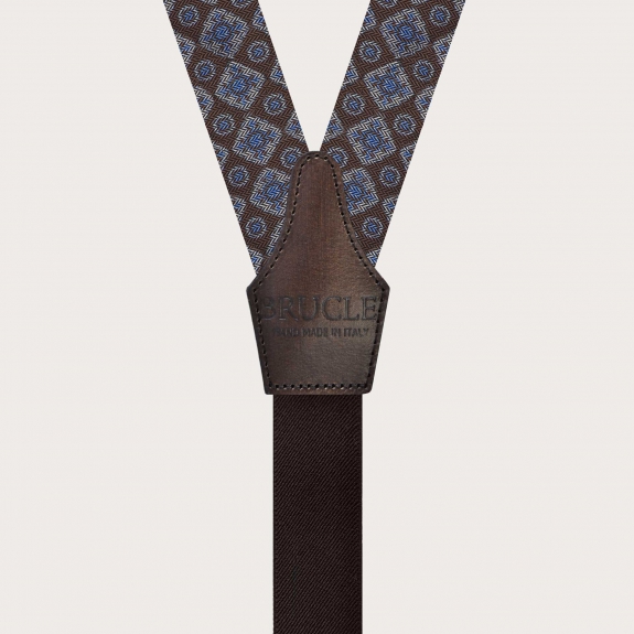 Formal Y-shape suspenders with braid runners, brown geometric patterned silk twill