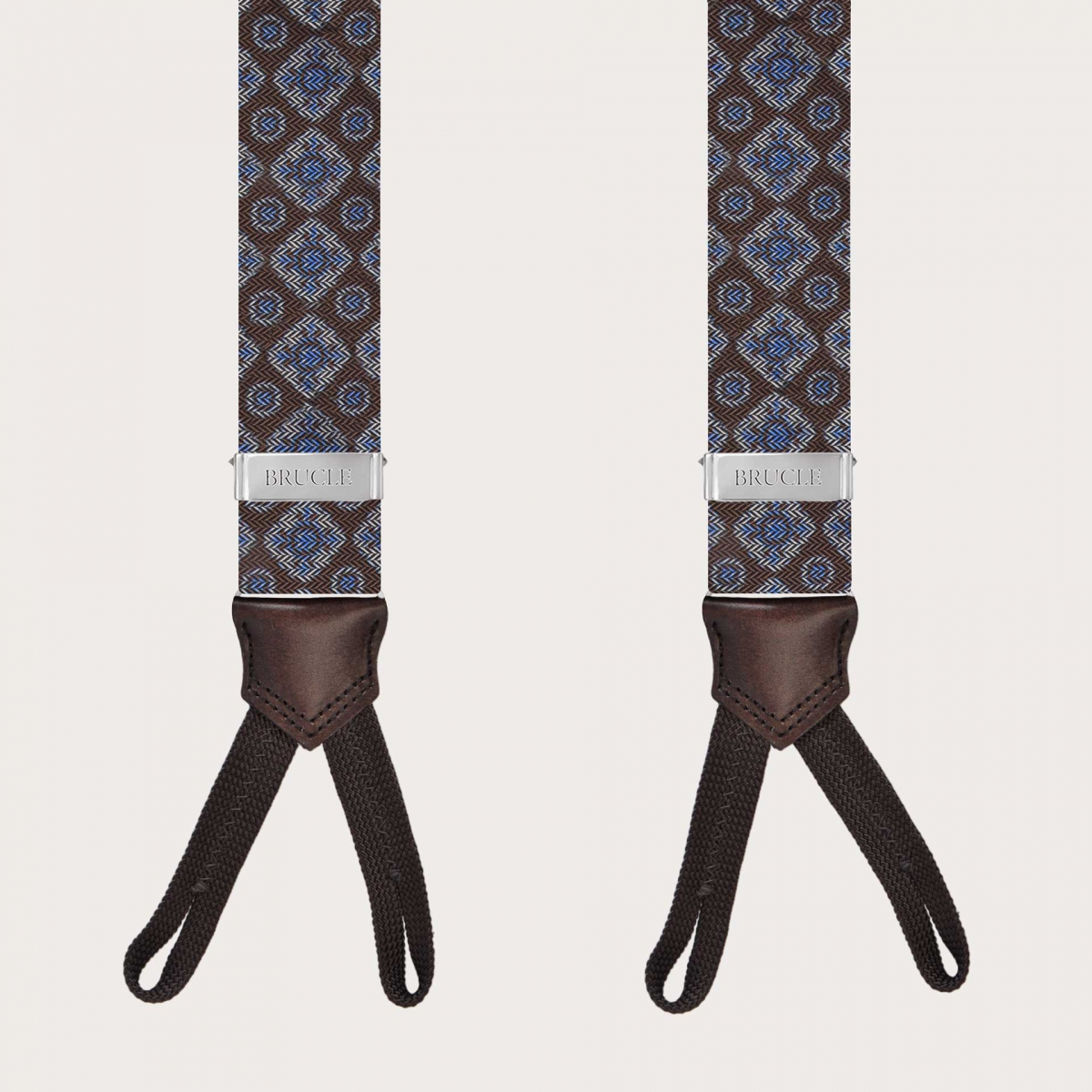 Bretelles larges en soie à tresses pour boutons, motif géométrique marron