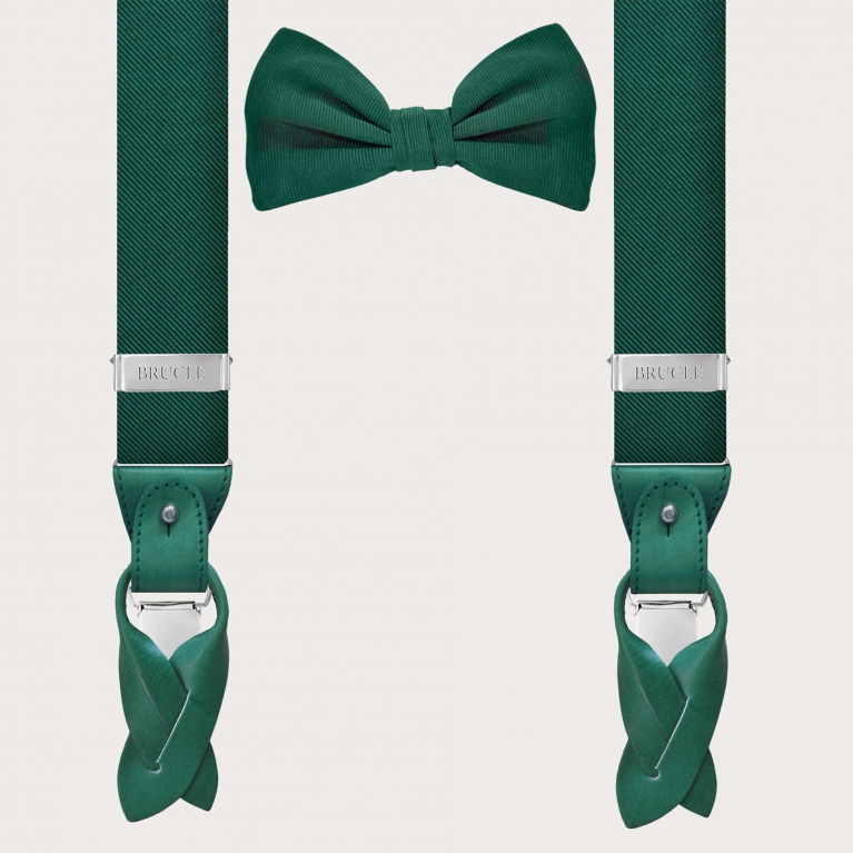 Refined set of suspenders and bow tie in green silk