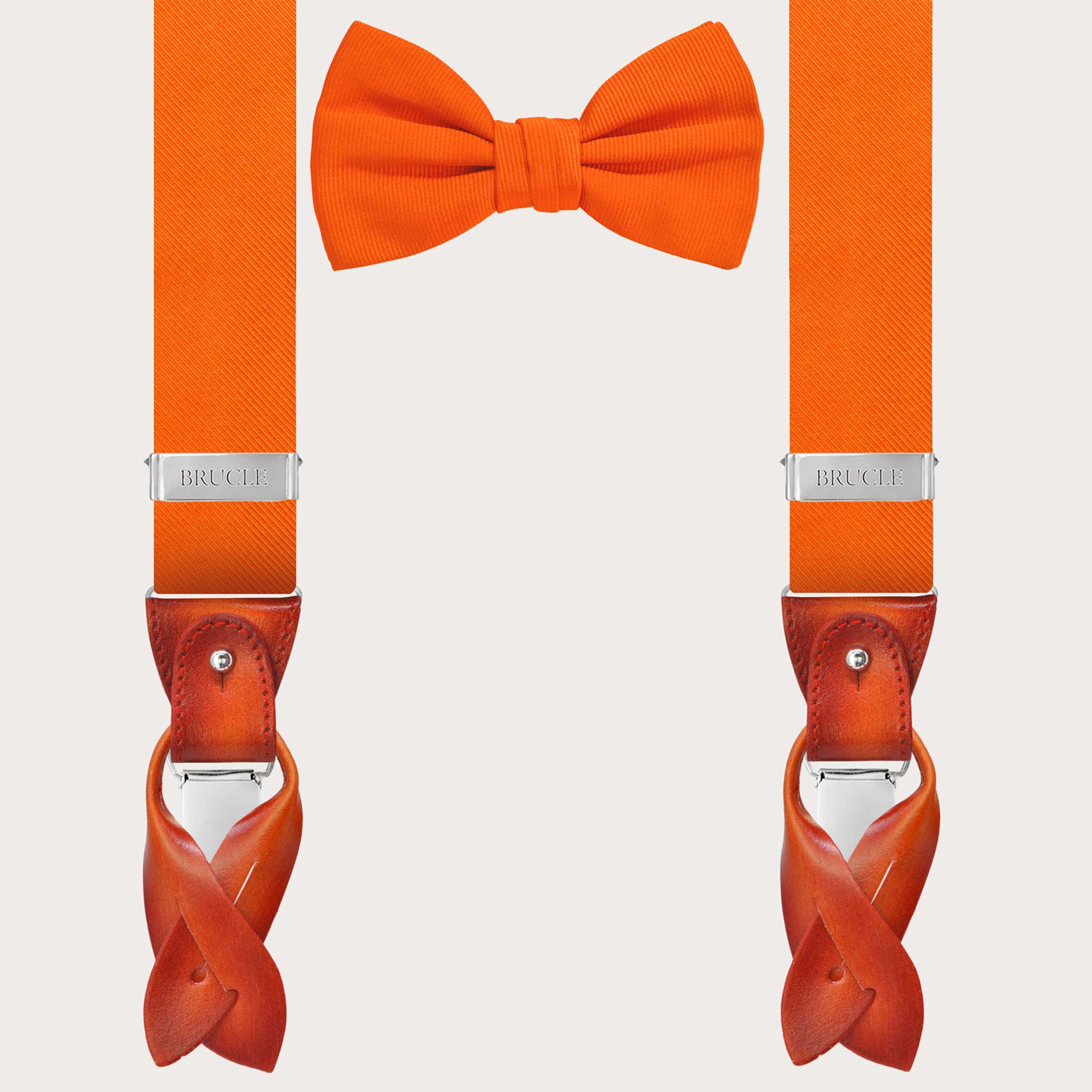 Refined set of suspenders and bow tie in orange silk