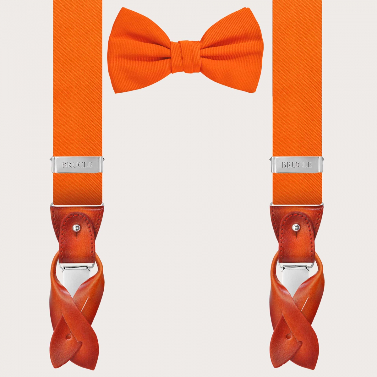 Refined set of suspenders and bow tie in orange silk