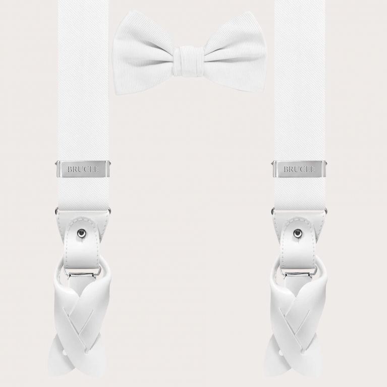 Set of coordinated white suspenders and bow tie in jacquard silk