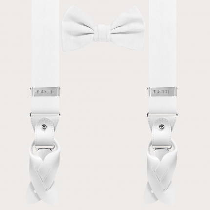 Raffinato set di bretelle e papillon bianchi in seta jacquard