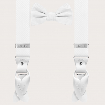 Set of coordinated white suspenders and bow tie in jacquard silk