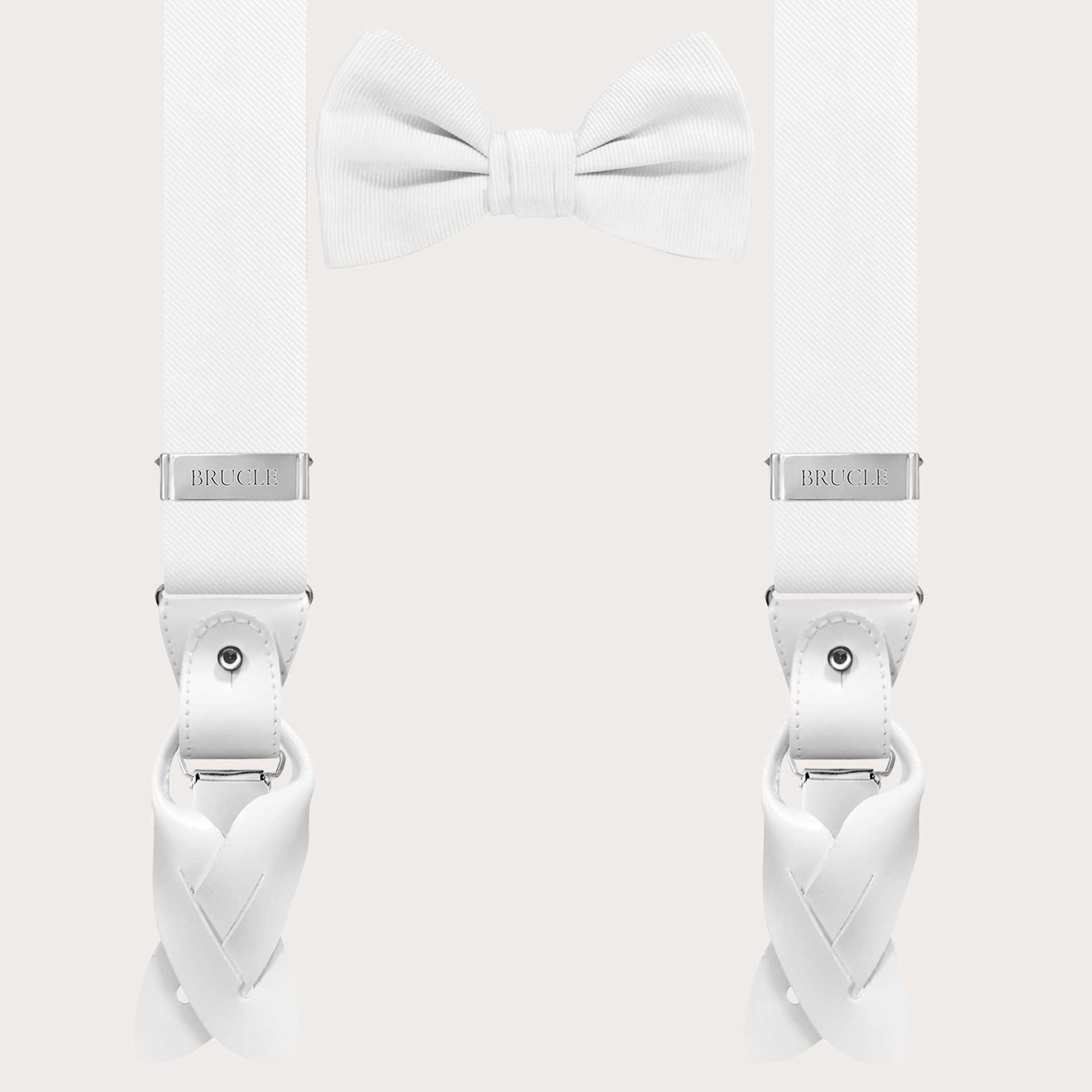Set of coordinated white suspenders and bow tie in jacquard silk