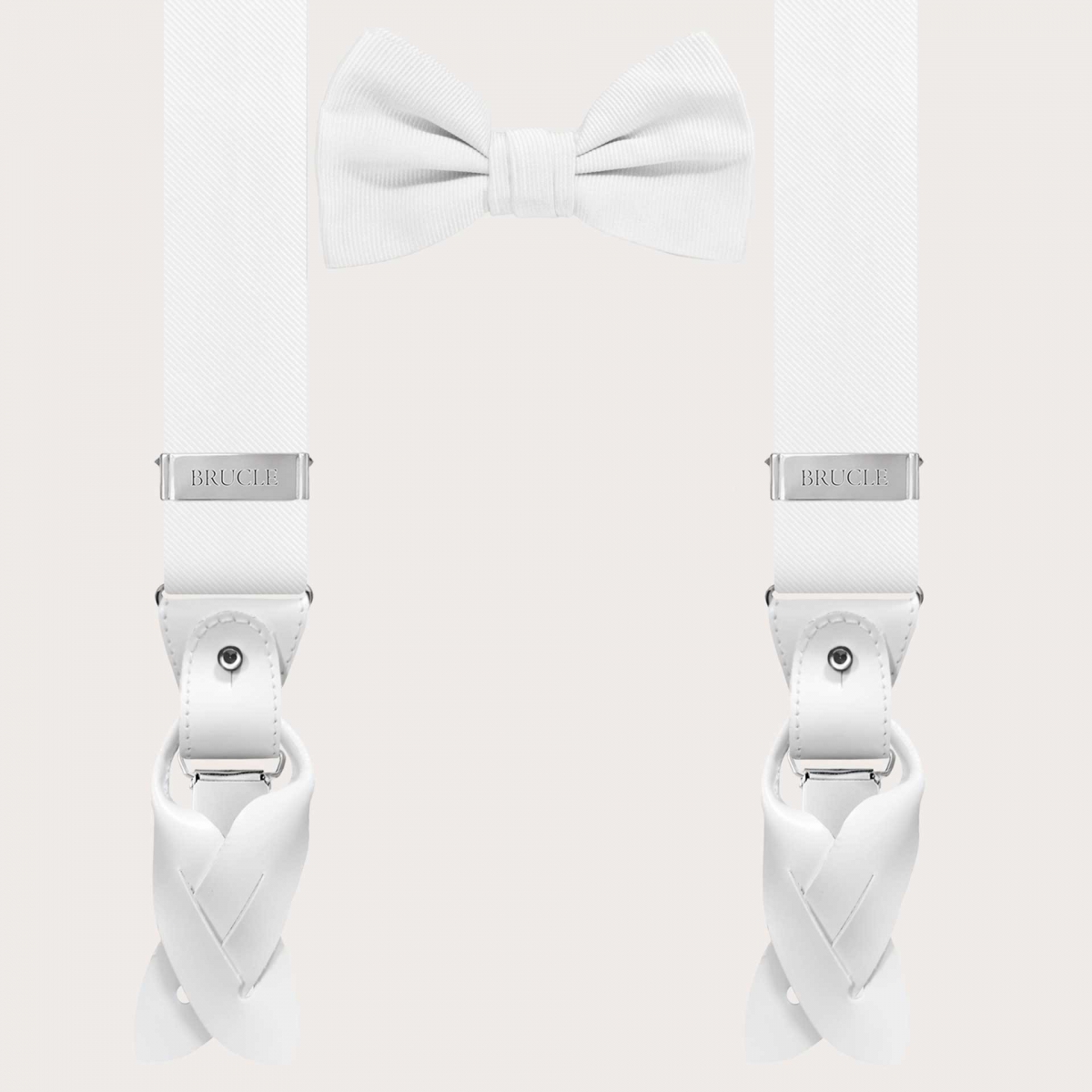 Set of coordinated white suspenders and bow tie in jacquard silk