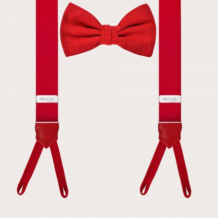 Matched set of skinny red silk suspenders for buttons and a pre-tied red silk bow tie