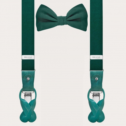 Refined coordinated set consisting of narrow green silk suspenders and a pre-tied green bow tie